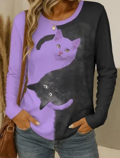 Online Women's T shirt Crew Neck Long Sleeve Tunic Graphic Animal Cat Vintage Stylish Classic Round Neck Regular Tops Daily Weekend Print Black and White Black White Yellow Pink Spring Fall Women T-Shirts