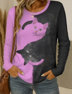 Online Women's T shirt Crew Neck Long Sleeve Tunic Graphic Animal Cat Vintage Stylish Classic Round Neck Regular Tops Daily Weekend Print Black and White Black White Yellow Pink Spring Fall Women T-Shirts