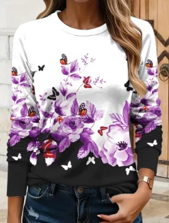 Women's T shirt Crew Neck Long Sleeve Tunic Floral Graphic Butterfly Vintage Stylish Classic Round Neck Regular Tops Daily Print Yellow Red Blue Purple Green Fall Women T-Shirts