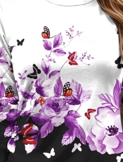 Women's T shirt Crew Neck Long Sleeve Tunic Floral Graphic Butterfly Vintage Stylish Classic Round Neck Regular Tops Daily Print Yellow Red Blue Purple Green Fall Women T-Shirts