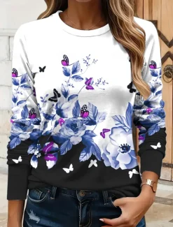 Women's T shirt Crew Neck Long Sleeve Tunic Floral Graphic Butterfly Vintage Stylish Classic Round Neck Regular Tops Daily Print Yellow Red Blue Purple Green Fall Women T-Shirts