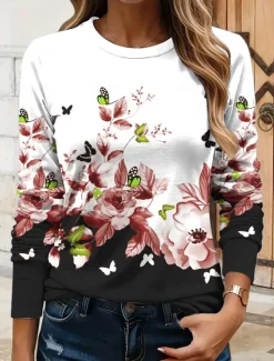 Women's T shirt Crew Neck Long Sleeve Tunic Floral Graphic Butterfly Vintage Stylish Classic Round Neck Regular Tops Daily Print Yellow Red Blue Purple Green Fall Women T-Shirts