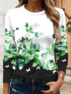 Women's T shirt Crew Neck Long Sleeve Tunic Floral Graphic Butterfly Vintage Stylish Classic Round Neck Regular Tops Daily Print Yellow Red Blue Purple Green Fall Women T-Shirts