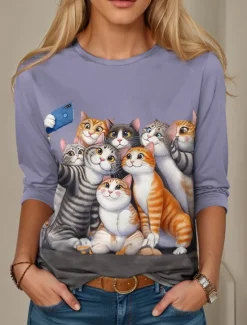 Clearance Women's T shirt Crew Neck Long Sleeve Tunic Animal Casual Regular Tops Daily Print Spring Fall Women T-Shirts