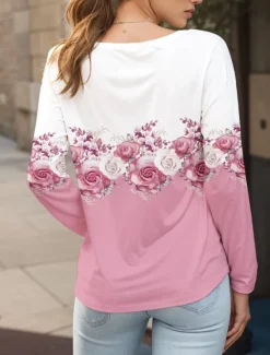 Hot Women's T shirt Crew Neck Long Sleeve Tunic Floral Graphic Plants Vintage Stylish Classic Round Neck Regular Tops Daily Print Yellow Pink Blue Purple Green Fall Women T-Shirts