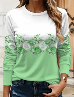Hot Women's T shirt Crew Neck Long Sleeve Tunic Floral Graphic Plants Vintage Stylish Classic Round Neck Regular Tops Daily Print Yellow Pink Blue Purple Green Fall Women T-Shirts