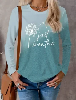 Clearance Women's T shirt Crew Neck Long Sleeve Tunic Letter Dandelion Modern Casual Regular Tops Daily Weekend Print Fall Winter Women Spring Tops