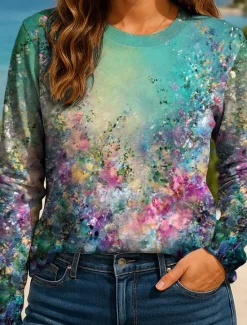 Clearance Women's T shirt Crew Neck Long Sleeve Tunic Floral Graphic Abstract Vintage Stylish Classic Round Neck Regular Tops Daily Weekend Print Yellow Red Blue Purple Green Spring Fall Women T-Shirts