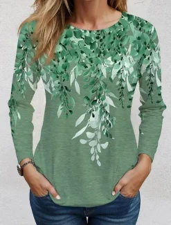 New Women's T shirt Crew Neck Long Sleeve Tunic Casual Print Regular Tops Daily Navy Blue Blue Green Khaki Spring Fall Women Spring Tops