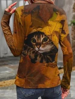 Sale Women's T shirt Crew Neck Long Sleeve Tunic Cat Casual Regular Tops Daily Print Spring Fall Women T-Shirts