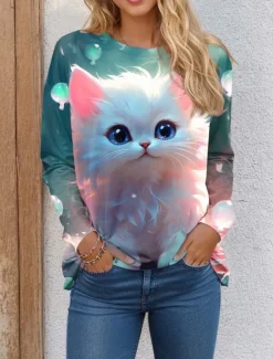 Women's T shirt Crew Neck Long Sleeve Tunic Cat 3D Funny Round Neck Regular Tops Daily Weekend Print Light Green Navy Blue Blue Green Spring & Fall Women T-Shirts
