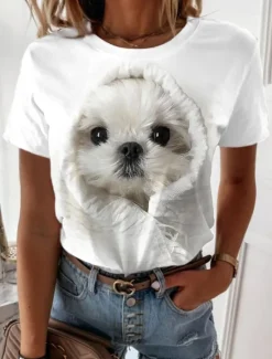 Clearance Women's T Shirt Dog Basic Short Sleeve Round Neck Regular Tops Daily Weekend Print Custom Print White Beige Gray Women T-Shirts