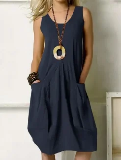 Sale Women's T shirt Dress Solid Color Elegant Fashion Basic Sleeveless Sleeveless Crew Neck Regular Tops Party Evening Wear Daily Weekend Zipper Pocket Army Green Navy Blue Orange Khaki Spring, Fall Women Dresses
