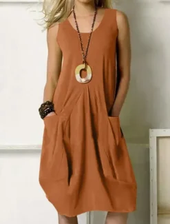 Sale Women's T shirt Dress Solid Color Elegant Fashion Basic Sleeveless Sleeveless Crew Neck Regular Tops Party Evening Wear Daily Weekend Zipper Pocket Army Green Navy Blue Orange Khaki Spring, Fall Women Dresses