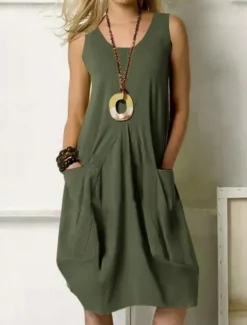 Sale Women's T shirt Dress Solid Color Elegant Fashion Basic Sleeveless Sleeveless Crew Neck Regular Tops Party Evening Wear Daily Weekend Zipper Pocket Army Green Navy Blue Orange Khaki Spring, Fall Women Dresses