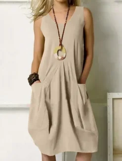 Sale Women's T shirt Dress Solid Color Elegant Fashion Basic Sleeveless Sleeveless Crew Neck Regular Tops Party Evening Wear Daily Weekend Zipper Pocket Army Green Navy Blue Orange Khaki Spring, Fall Women Dresses