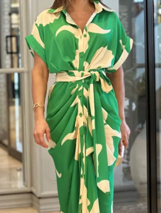 Discount Women's T Shirt Dress Summer Dress Print Dress Floral Leaf Ruched Button Shirt Collar Long Dress Maxi Dress Elegant Fashion Work Daily Short Sleeve Regular Fit Yellow Pink Red Summer Spring S M L XL Women Work Dresses