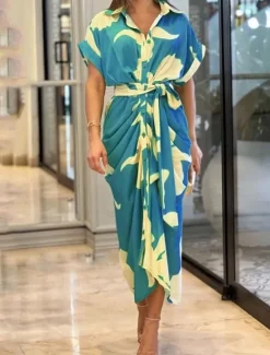 Discount Women's T Shirt Dress Summer Dress Print Dress Floral Leaf Ruched Button Shirt Collar Long Dress Maxi Dress Elegant Fashion Work Daily Short Sleeve Regular Fit Yellow Pink Red Summer Spring S M L XL Women Work Dresses