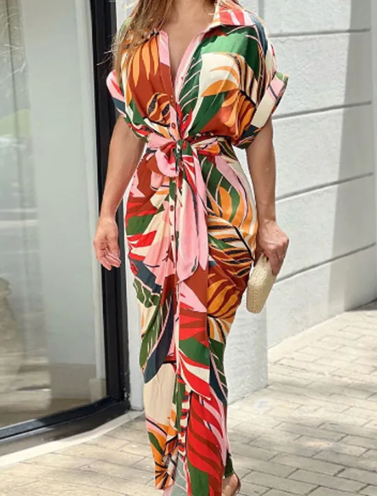 Discount Women's T Shirt Dress Summer Dress Print Dress Floral Leaf Ruched Button Shirt Collar Long Dress Maxi Dress Elegant Fashion Work Daily Short Sleeve Regular Fit Yellow Pink Red Summer Spring S M L XL Women Work Dresses