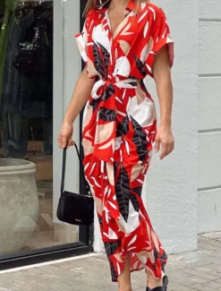 Discount Women's T Shirt Dress Summer Dress Print Dress Floral Leaf Ruched Button Shirt Collar Long Dress Maxi Dress Elegant Fashion Work Daily Short Sleeve Regular Fit Yellow Pink Red Summer Spring S M L XL Women Work Dresses