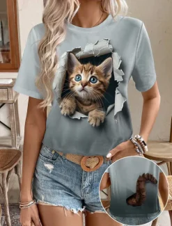 Best Women's T Shirt Fashion Cat Print Short Sleeve Regular Tops Round Neck Daily Weekend Summer 3D cat Women T-Shirts