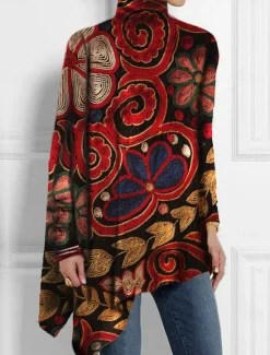 Online Women's T Shirt Fashion Floral Print Asymmetric Hem Long Sleeve Long Tops High Neck Casual Holiday Red Blue Green Spring & Fall Women Boho Tops