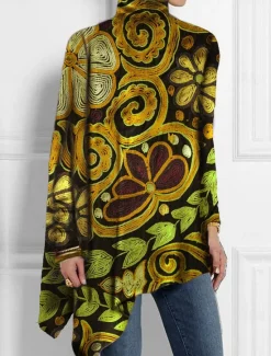 Online Women's T Shirt Fashion Floral Print Asymmetric Hem Long Sleeve Long Tops High Neck Casual Holiday Red Blue Green Spring & Fall Women Boho Tops