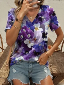 Women's T Shirt Fashion Floral Print Short Sleeve Regular Tops V Neck Daily Navy Blue Blue Purple Summer Women Spring Tops