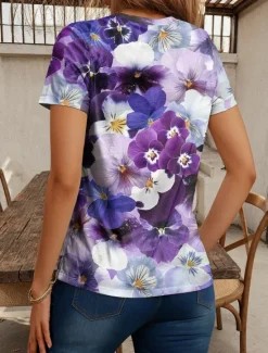 Women's T Shirt Fashion Floral Print Short Sleeve Regular Tops V Neck Daily Navy Blue Blue Purple Summer Women Spring Tops