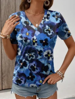 Women's T Shirt Fashion Floral Print Short Sleeve Regular Tops V Neck Daily Navy Blue Blue Purple Summer Women Spring Tops