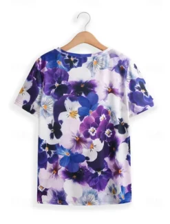 Women's T Shirt Fashion Floral Print Short Sleeve Regular Tops V Neck Daily Navy Blue Blue Purple Summer Women Spring Tops