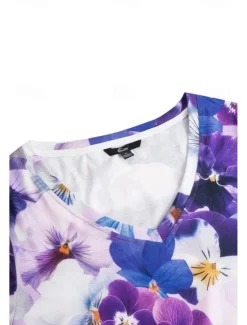 Women's T Shirt Fashion Floral Print Short Sleeve Regular Tops V Neck Daily Navy Blue Blue Purple Summer Women Spring Tops