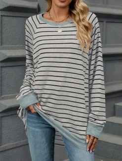 New Women's T Shirt Fashion Modern Casual Long Sleeve Regular Tops Crew Neck Daily Weekend Gray / White Black Blue Light Grey Fall Winter Women Tunic Tops