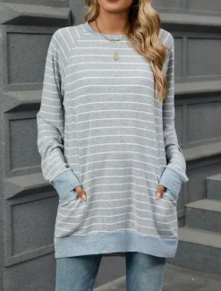 New Women's T Shirt Fashion Modern Casual Long Sleeve Regular Tops Crew Neck Daily Weekend Gray / White Black Blue Light Grey Fall Winter Women Tunic Tops