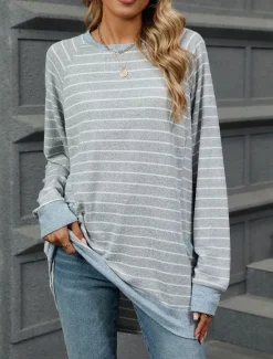 New Women's T Shirt Fashion Modern Casual Long Sleeve Regular Tops Crew Neck Daily Weekend Gray / White Black Blue Light Grey Fall Winter Women Tunic Tops
