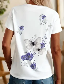 Sale Women's T Shirt Floral Butterfly Stylish Casual Short Sleeve Crew Neck Regular Tops Daily Print Summer Women Spring Tops