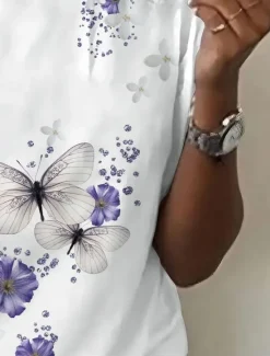Sale Women's T Shirt Floral Butterfly Stylish Casual Short Sleeve Crew Neck Regular Tops Daily Print Summer Women Spring Tops