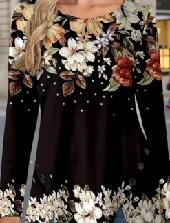 Discount Women's T Shirt Floral Casual Long Sleeve Crew Neck Regular Tops Daily Buttons Print Asymmetrical Black Red Spring & Fall Women Spring Tops