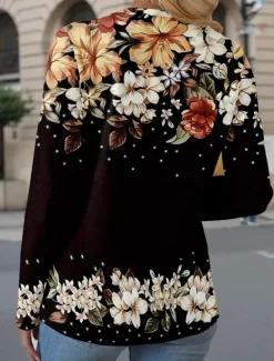 Discount Women's T Shirt Floral Casual Long Sleeve Crew Neck Regular Tops Daily Buttons Print Asymmetrical Black Red Spring & Fall Women Spring Tops