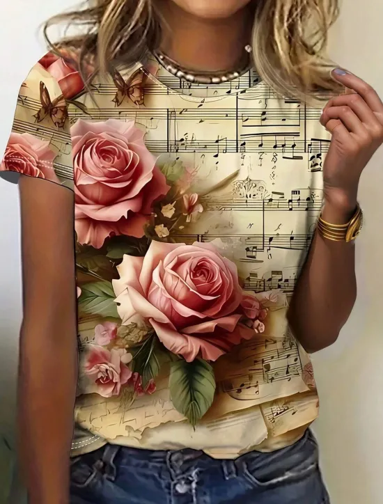 Clearance Women's T Shirt Floral Casual Short Sleeve Round Neck Regular Tops Daily Print Yellow Purple Summer Women Spring Tops
