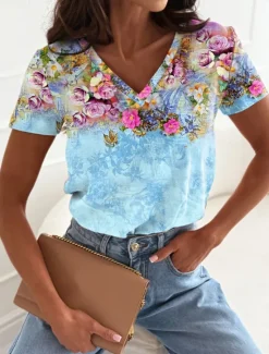 Online Women's T Shirt Floral Casual Short Sleeve V Neck Regular Tops Daily Print Pink Blue Green Summer Women Spring Tops