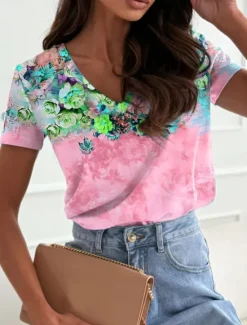 Online Women's T Shirt Floral Casual Short Sleeve V Neck Regular Tops Daily Print Pink Blue Green Summer Women Spring Tops