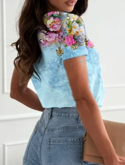 Online Women's T Shirt Floral Casual Short Sleeve V Neck Regular Tops Daily Print Pink Blue Green Summer Women Spring Tops