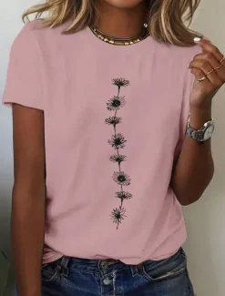 Sale Women's T Shirt Floral Casual Short Sleeve Round Neck Regular Tops Daily Print Black White Pink Blue Summer Women T-Shirts
