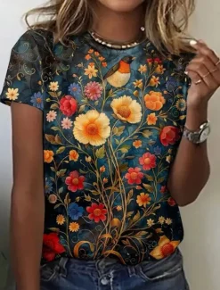 Best Women's T Shirt Floral Casual Short Sleeve Round Neck Regular Tops Daily Print Blue Green Summer Women Spring Tops