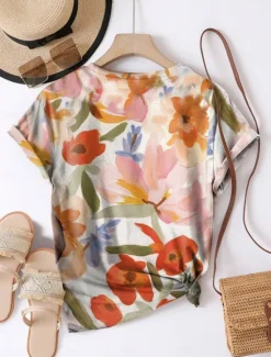 Online Women's T Shirt Floral Casual Short Sleeve Round Neck Regular Tops Daily Print Summer Women Spring Tops