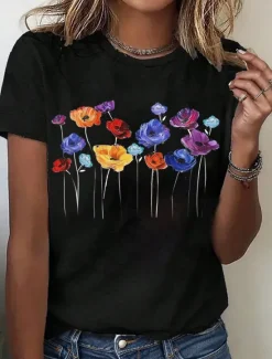 Sale Women's T Shirt Floral Casual Short Sleeve Crew Neck Regular Tops Daily Print Black White Summer Women Spring Tops