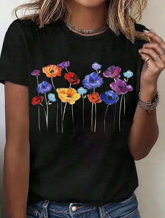 Sale Women's T Shirt Floral Casual Short Sleeve Crew Neck Regular Tops Daily Print Black White Summer Women Spring Tops