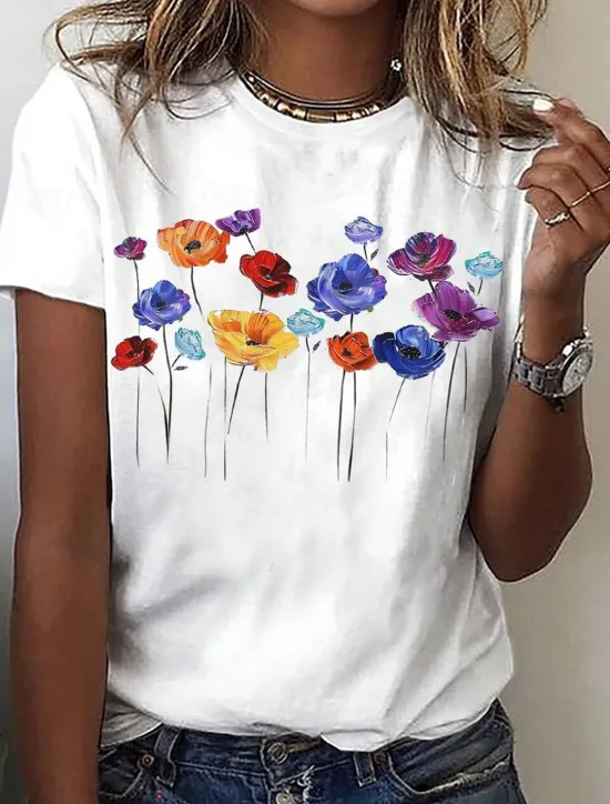 Sale Women's T Shirt Floral Casual Short Sleeve Crew Neck Regular Tops Daily Print Black White Summer Women Spring Tops