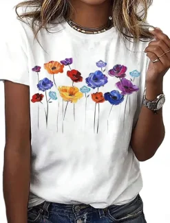 Sale Women's T Shirt Floral Casual Short Sleeve Crew Neck Regular Tops Daily Print Black White Summer Women Spring Tops